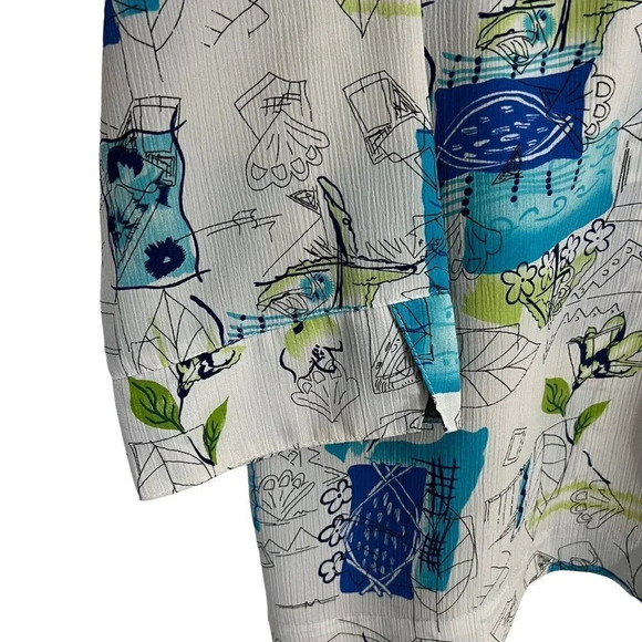 Nikki Button Up Collared Blouse Off White Blue Green Flower Leaf All Over Print - Picture 5 of 9